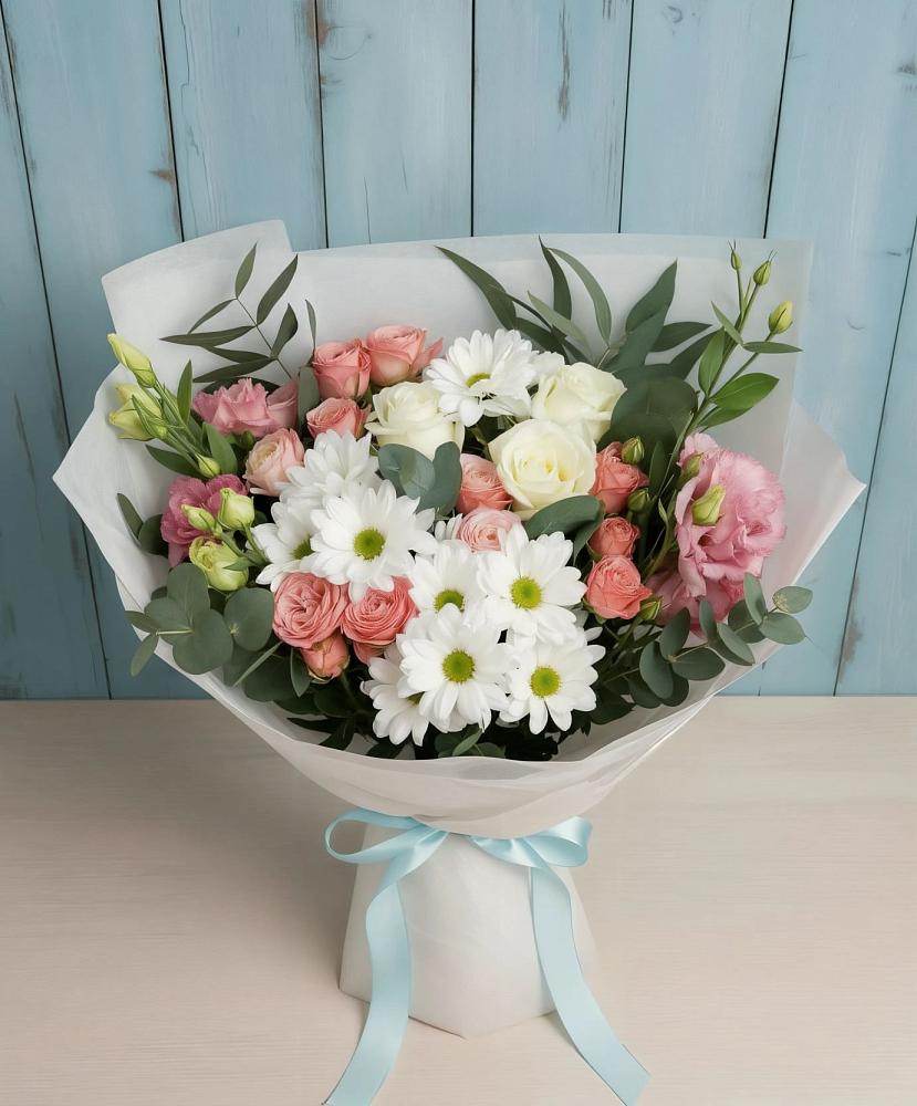 Букет цветов из: Розы, Лизиантусы и Хризантемы в Тарках