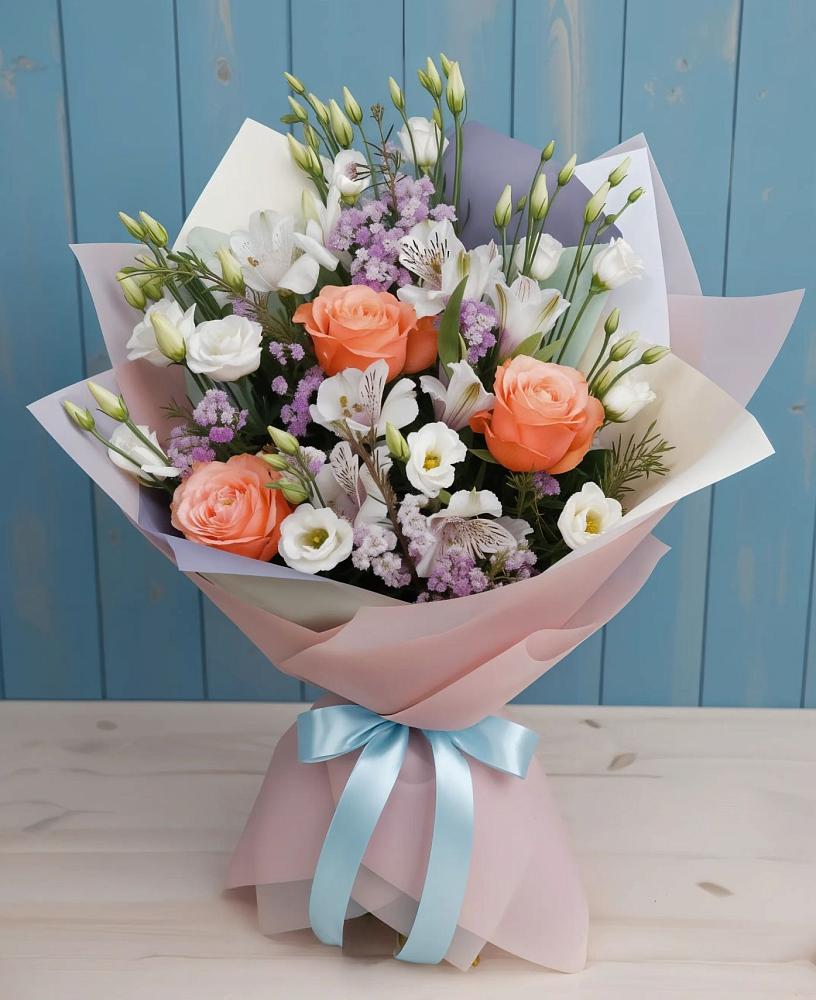 Букет цветов из: Лизиантусы, Розы, Альстромерии и Гипсофила в Тарках